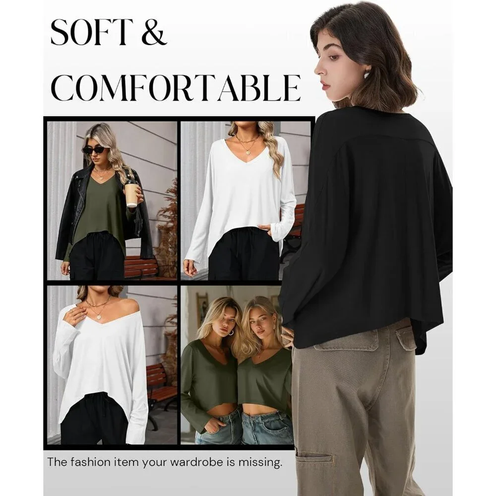 Women's Cropped Long Sleeve Top Set V Neck Irregular Hem Casual Fall